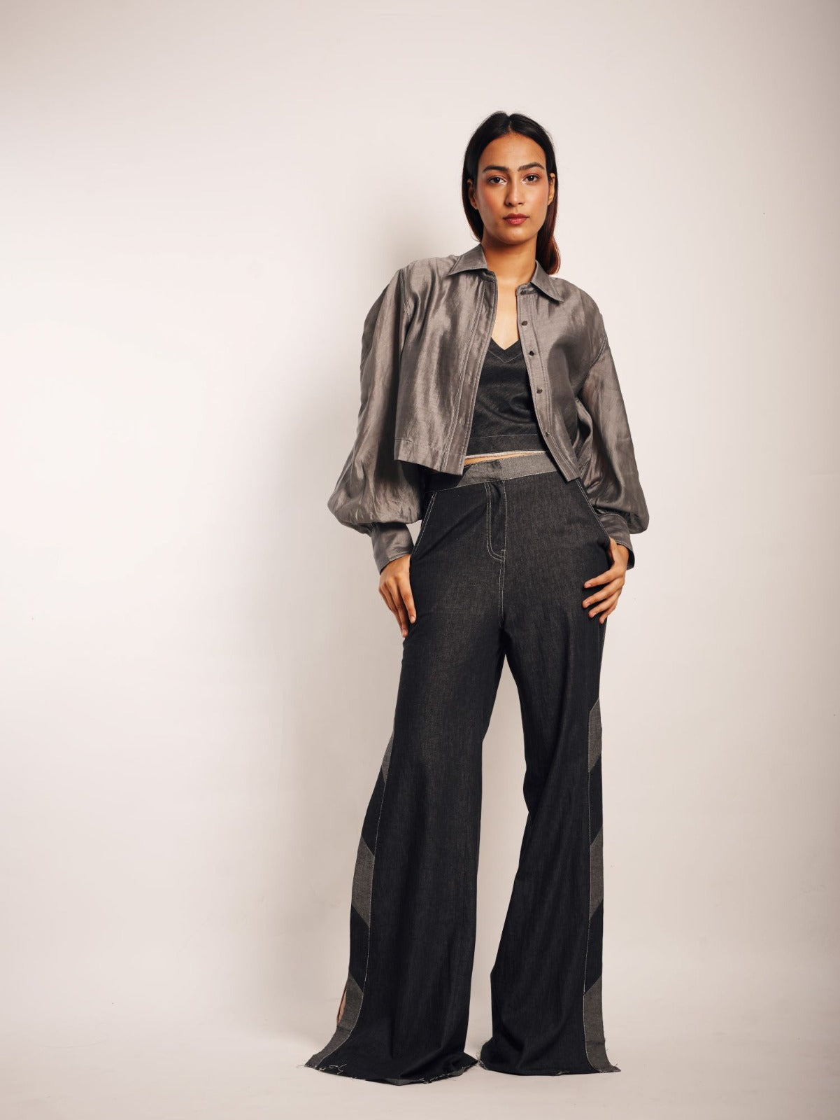 GREY CHANDERI CROP SHIRT WITH GREY DENIM SLIP
