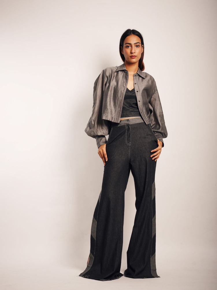 GREY CHANDERI CROP SHIRT WITH GREY DENIM SLIP