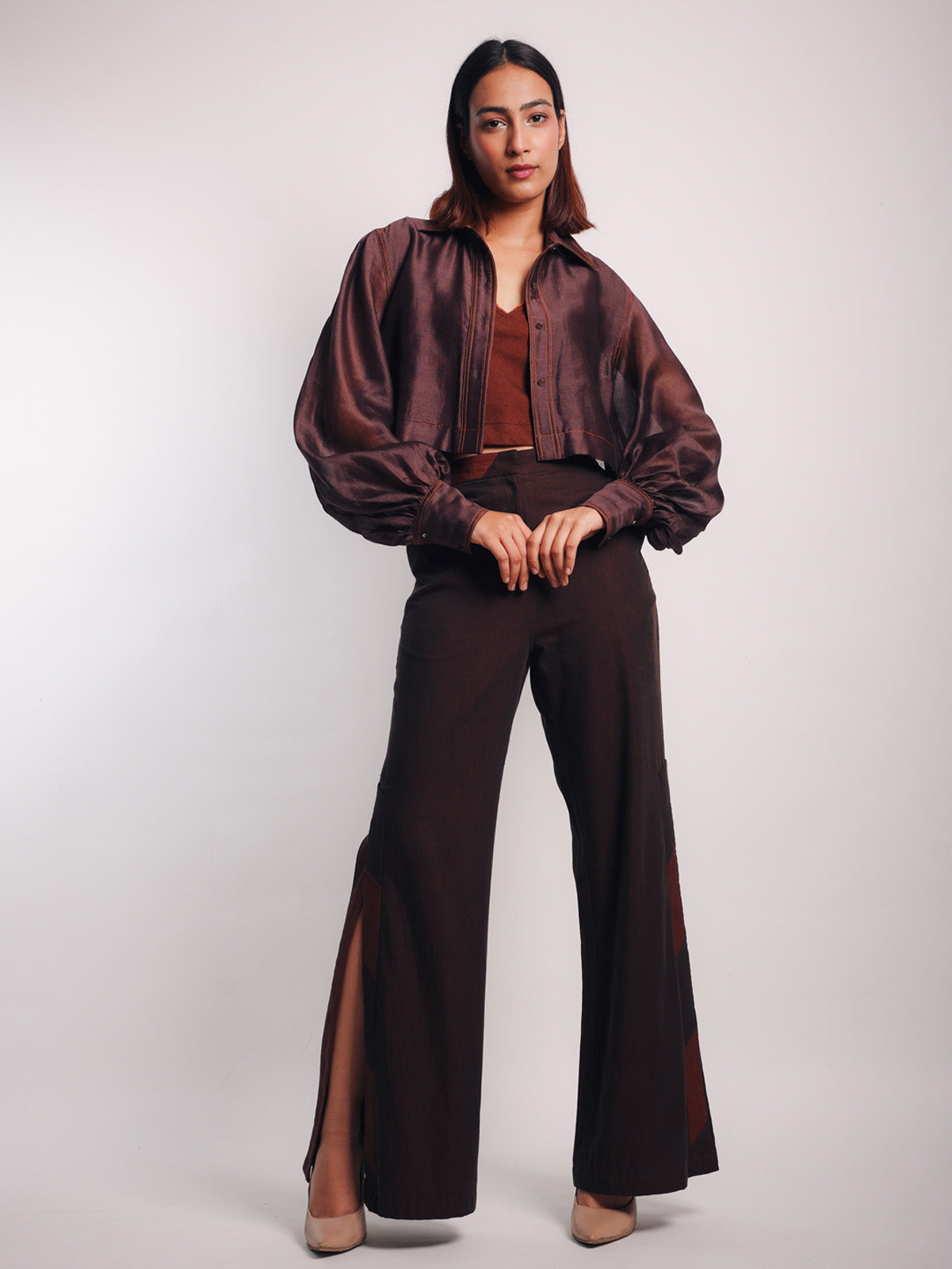 BROWN CHANDERI CROP SHIRT WITH BROWN DENIM SLIP