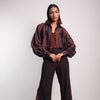 BROWN CHANDERI CROP SHIRT WITH BROWN DENIM SLIP
