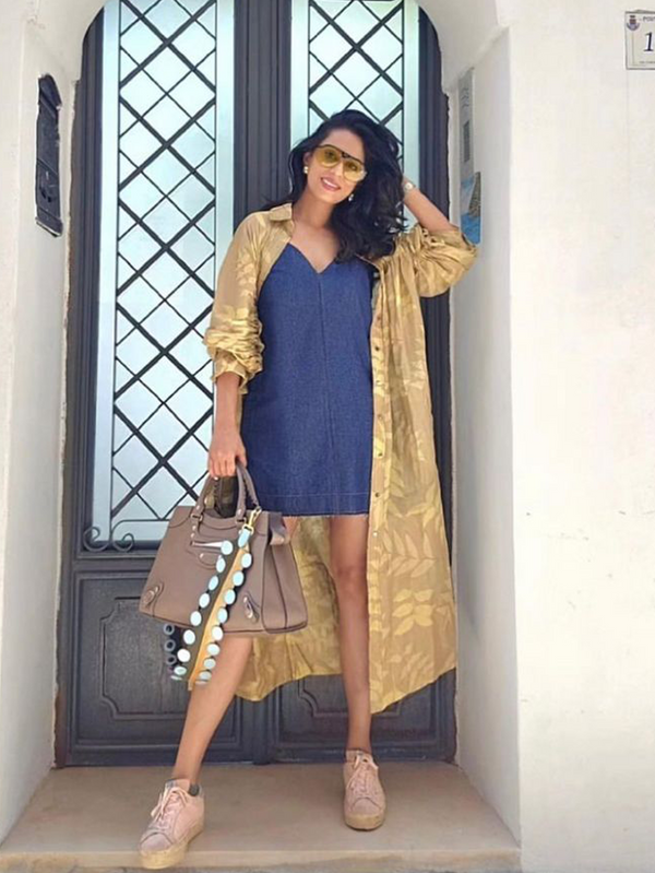 DENIM DRAWSTRING DRESS BLUE AND ECO PRINT BEIGE ROBE