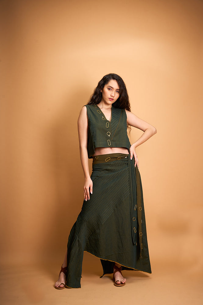 GREEN DENIM PLEAT TOP