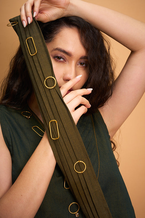 GREEN DENIM PLEAT TOP