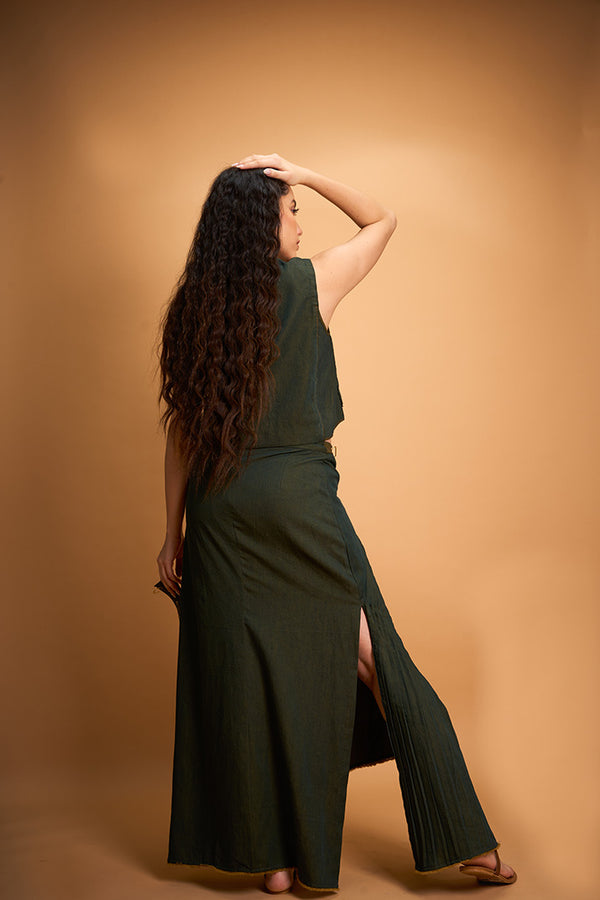 GREEN DENIM PLEAT TOP