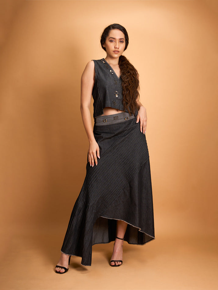 GREY DENIM PLEAT TOP