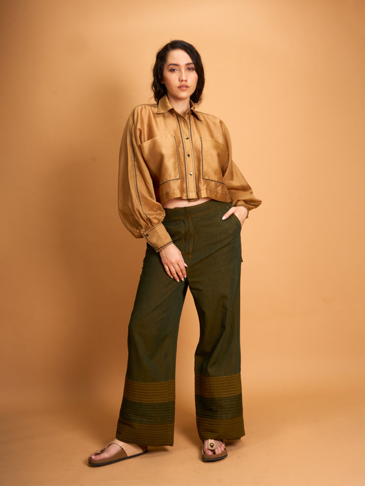 GREEN DENIM PLEAT PANT