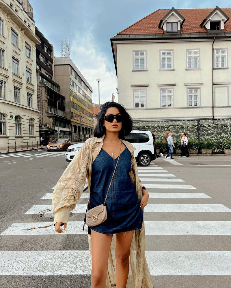 DENIM DRAWSTRING DRESS BLUE AND ECO PRINT BEIGE ROBE