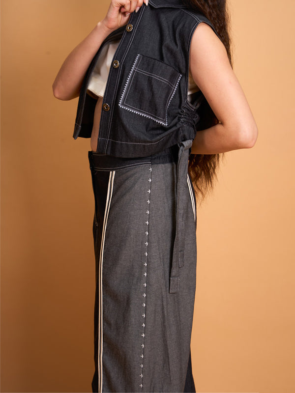 GREY SLEEVELESS CROP JACKET AND GREY TULIP SKIRT