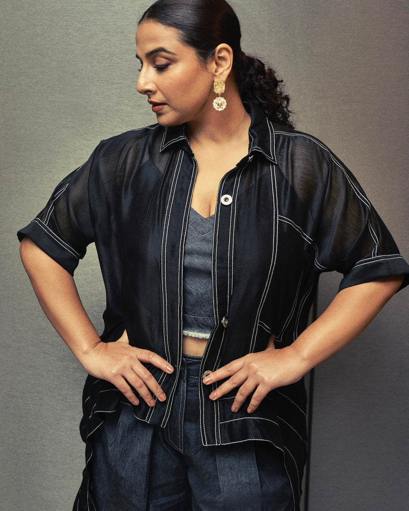 BLACK ASYMMETRICAL DRAWSTRING INVERTED U