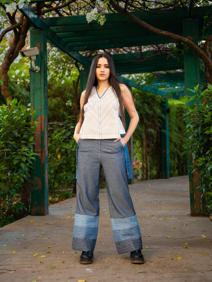 REVERSE BLUE DENIM PLEAT PANT