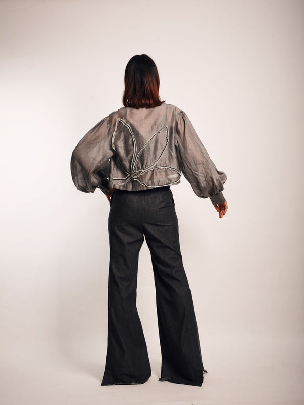 GREY CHANDERI CROP SHIRT WITH GREY DENIM SLIP