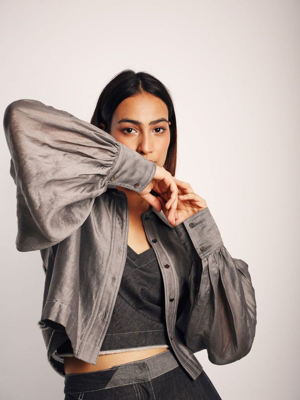 GREY CHANDERI CROP SHIRT WITH GREY DENIM SLIP