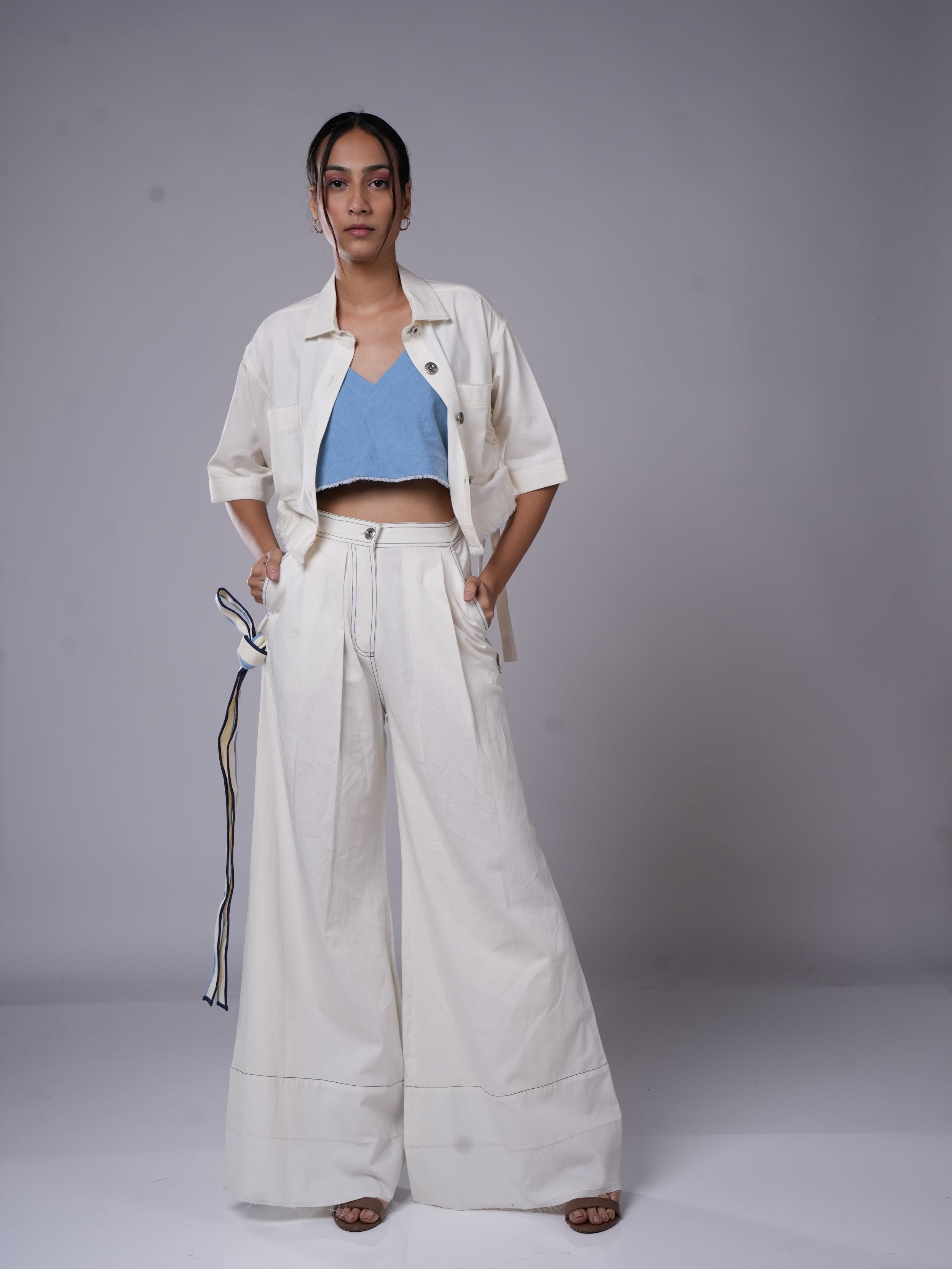 WHITE DRAWSTRING CROP SHIRT AND DENIM SLIP