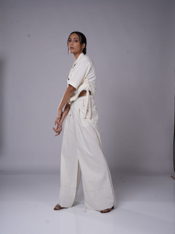 WHITE DRAWSTRING CROP SHIRT AND DENIM SLIP