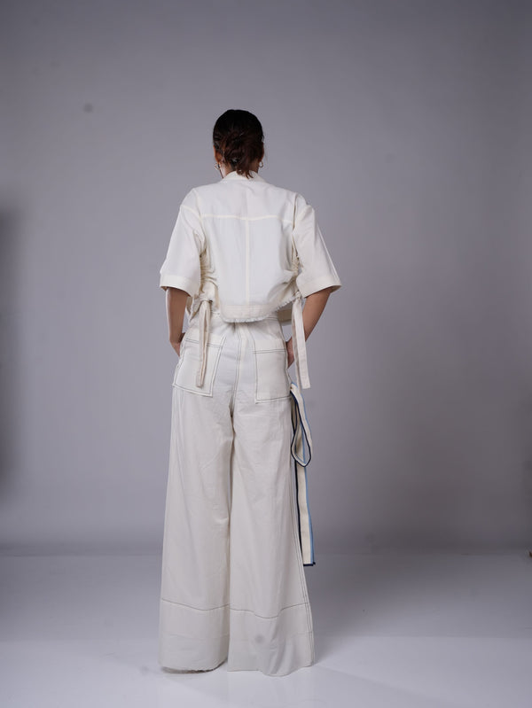 WHITE DRAWSTRING CROP SHIRT AND DENIM SLIP