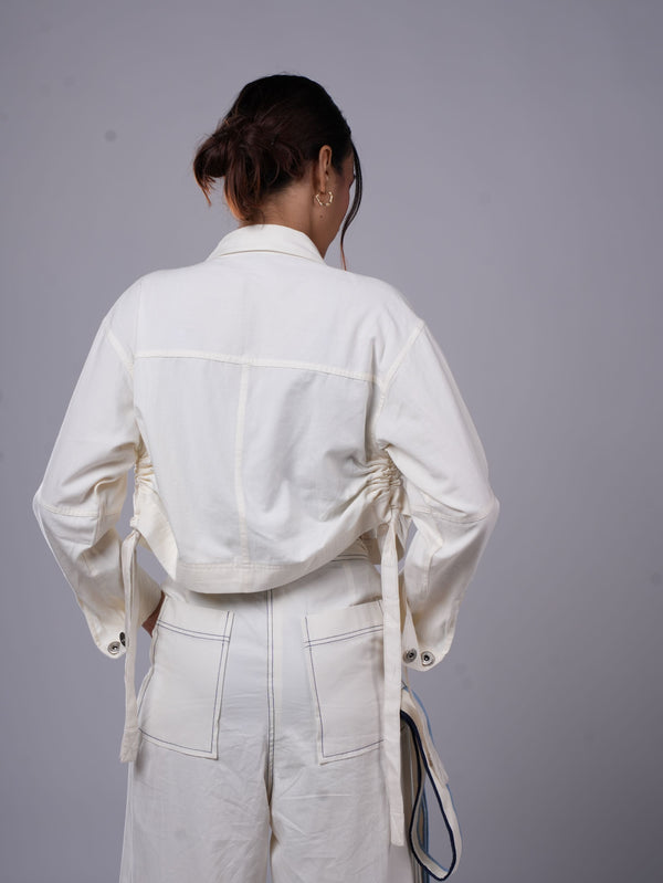 WHITE DRAWSTRING CROP SHIRT AND DENIM SLIP