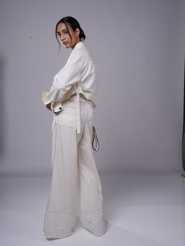 WHITE DRAWSTRING CROP SHIRT AND DENIM SLIP