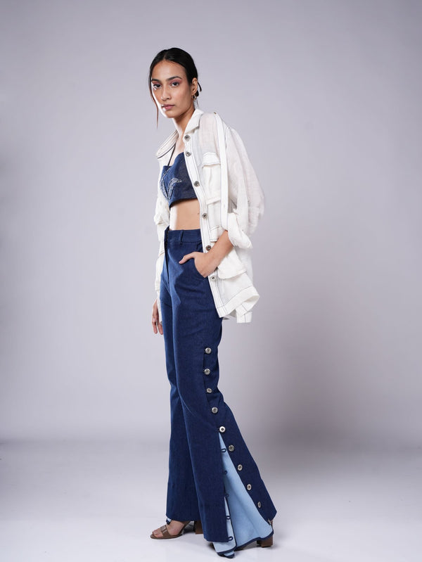 DARK BLUE BUTTON GODET PANT