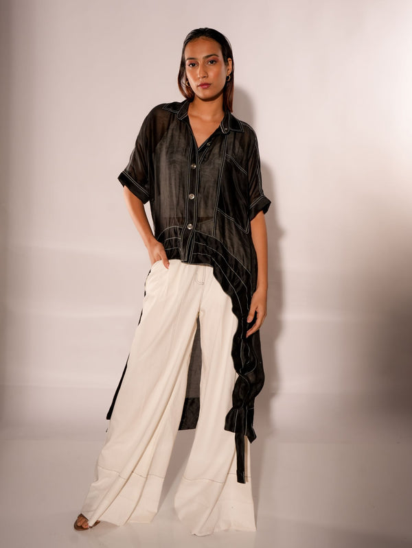 BLACK ASYMMETRICAL DRAWSTRING INVERTED U