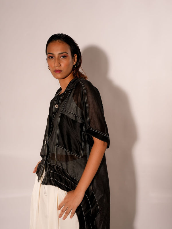 BLACK ASYMMETRICAL DRAWSTRING INVERTED U