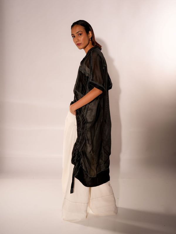 BLACK ASYMMETRICAL DRAWSTRING INVERTED U