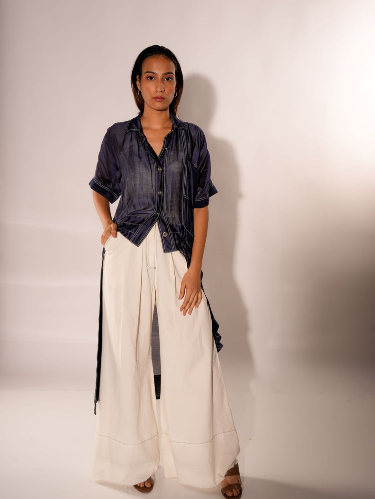 NAVY BLUE ASYMMETRICAL DRAWSTRING INVERTED U