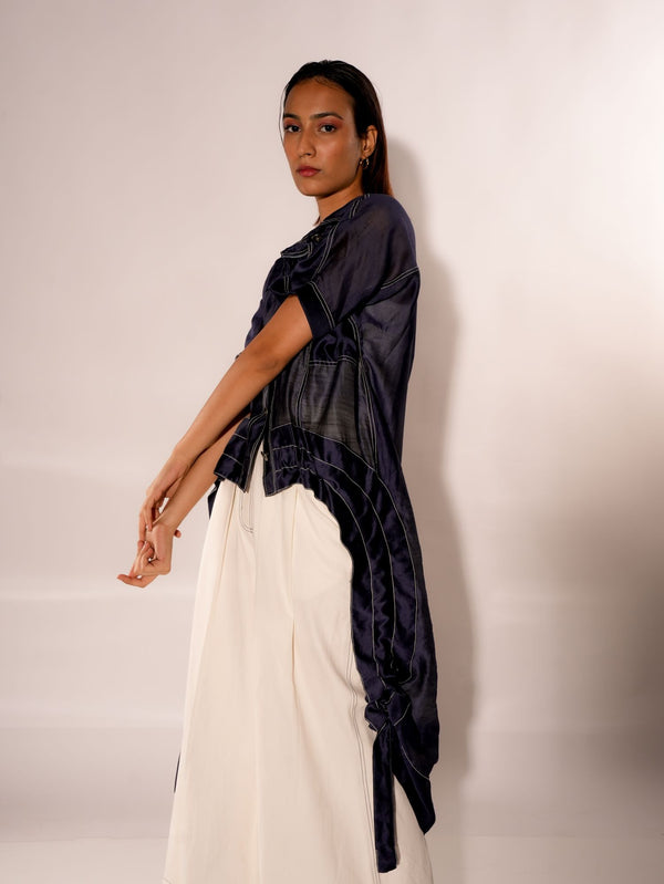 NAVY BLUE ASYMMETRICAL DRAWSTRING INVERTED U