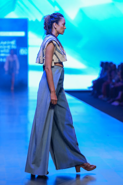 White Crop Jacket Pleated Blue Pants Set