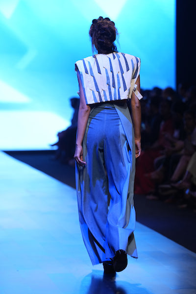 White Crop Jacket Pleated Blue Pants Set