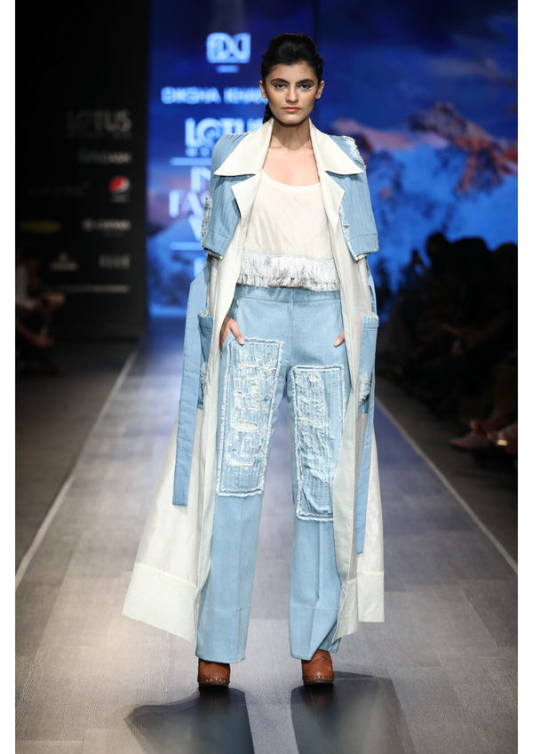 DENIM STRAIGHT PANTS WITH DISTRESSED PANEL