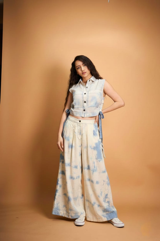 Sky Mist Chanderi &amp; Tie-Dye Denim Co-ord Set