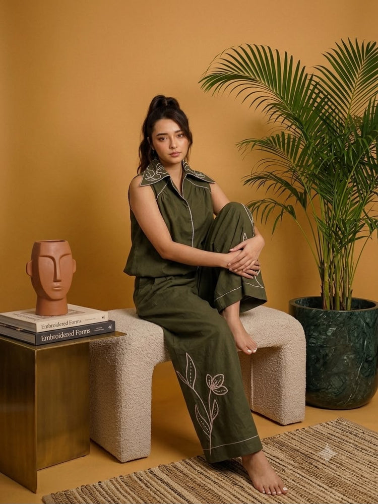 Forest Olive Embroidered Poplin Co-ord Set