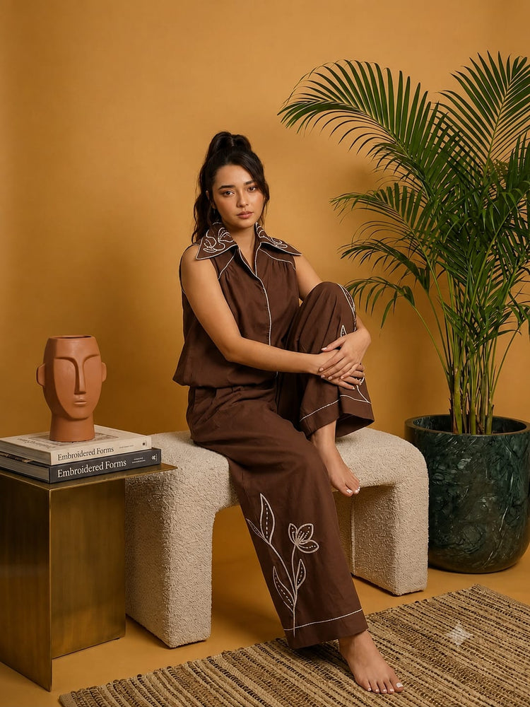 Mocha Embroidered Poplin Co-ord Set