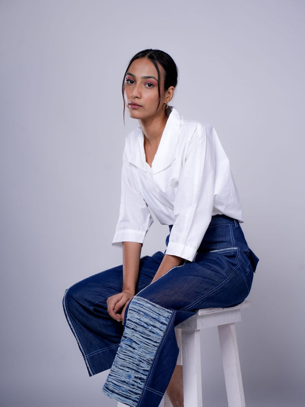 WHITE FRONT YOKE SHIRT AND ANKLE CROP PANTS SET